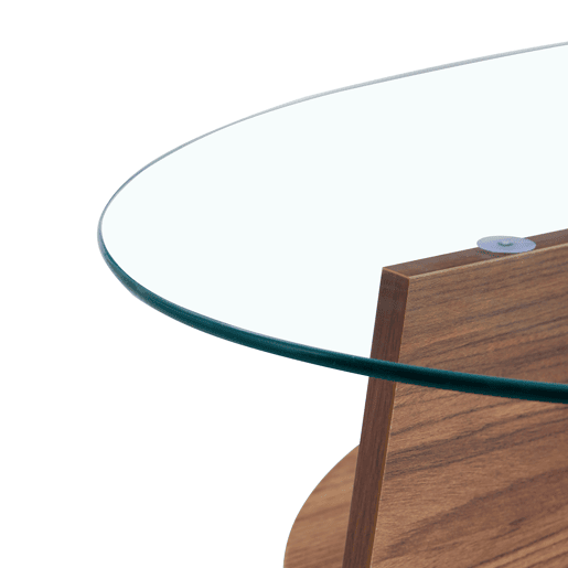 Mesa de café ovalada - 104,9 x 60 cm - Estrutura em madeira de nogueira com prateleiras dispostas diagonalmente e nível de armazenamento integrado - Cor transparente, nogueira