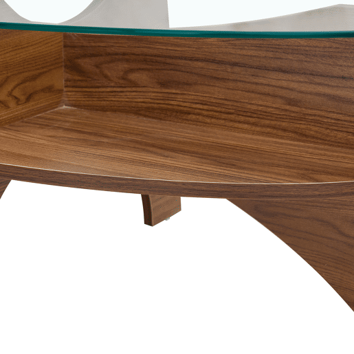Mesa de café ovalada - 104,9 x 60 cm - Estrutura em madeira de nogueira com prateleiras dispostas diagonalmente e nível de armazenamento integrado - Cor transparente, nogueira