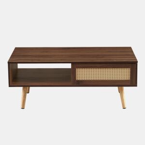 Mesa de centro 105 x 55 x 40 cm - vime trançado, portas de correr, pés em madeira maciça, estilo moderno - castanho