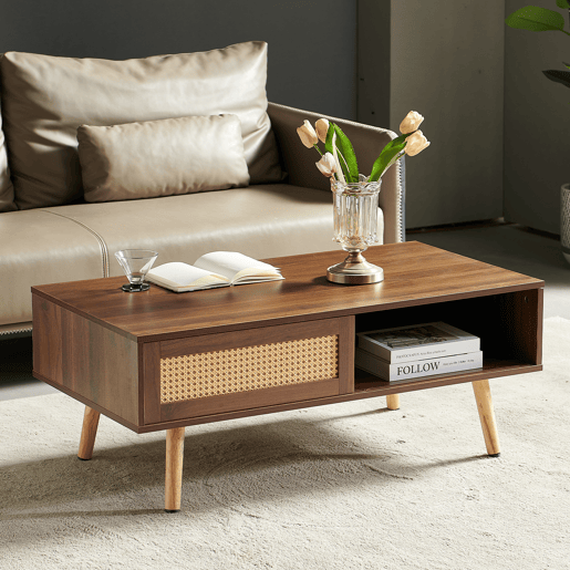 Mesa de centro 105 x 55 x 40 cm - vime trançado, portas de correr, pés em madeira maciça, estilo moderno - castanho Mesa de centro 105 x 55 x 40 cm - vime trançado, portas de correr, pés em madeira maciça, estilo moderno - castanho
