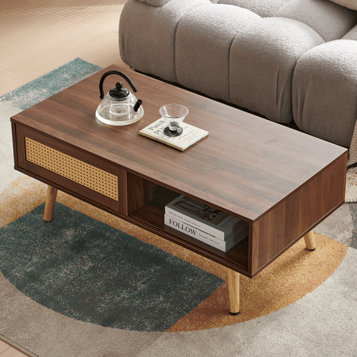 Mesa de centro 105 x 55 x 40 cm - vime trançado, portas de correr, pés em madeira maciça, estilo moderno - castanho Mesa de centro 105 x 55 x 40 cm - vime trançado, portas de correr, pés em madeira maciça, estilo moderno - castanho