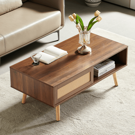 Mesa de centro 105 x 55 x 40 cm - vime trançado, portas de correr, pés em madeira maciça, estilo moderno - castanho Mesa de centro 105 x 55 x 40 cm - vime trançado, portas de correr, pés em madeira maciça, estilo moderno - castanho