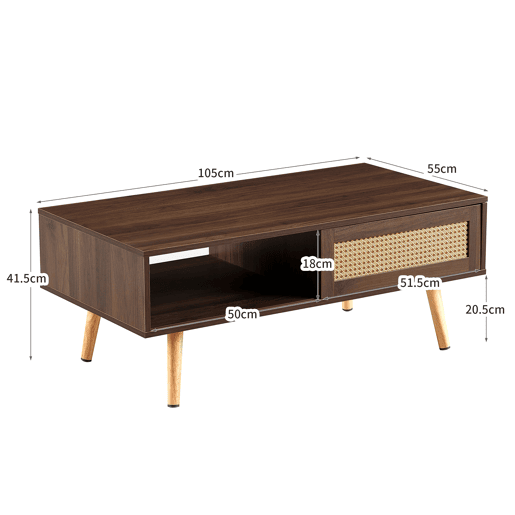 Mesa de centro 105 x 55 x 40 cm - vime trançado, portas de correr, pés em madeira maciça, estilo moderno - castanho Mesa de centro 105 x 55 x 40 cm - vime trançado, portas de correr, pés em madeira maciça, estilo moderno - castanho