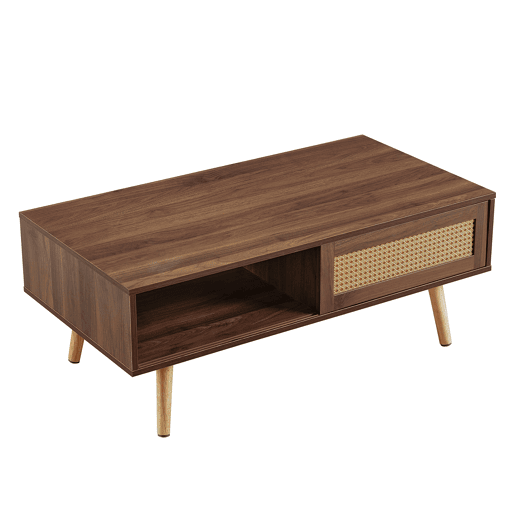 Mesa de centro 105 x 55 x 40 cm - vime trançado, portas de correr, pés em madeira maciça, estilo moderno - castanho Mesa de centro 105 x 55 x 40 cm - vime trançado, portas de correr, pés em madeira maciça, estilo moderno - castanho
