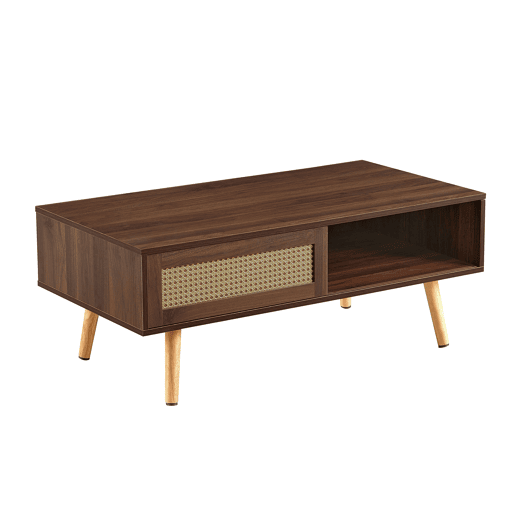 Mesa de centro 105 x 55 x 40 cm - vime trançado, portas de correr, pés em madeira maciça, estilo moderno - castanho Mesa de centro 105 x 55 x 40 cm - vime trançado, portas de correr, pés em madeira maciça, estilo moderno - castanho