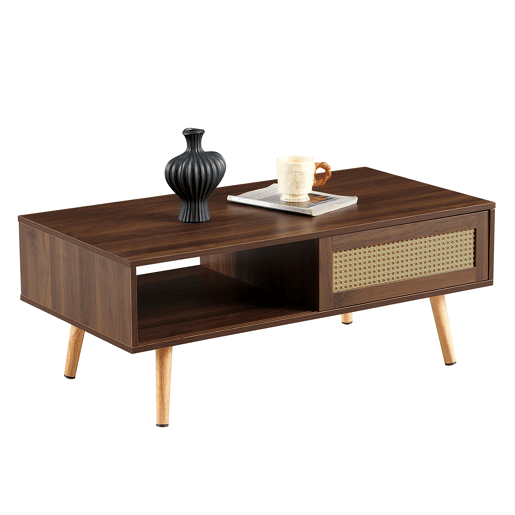 Mesa de centro 105 x 55 x 40 cm - vime trançado, portas de correr, pés em madeira maciça, estilo moderno - castanho Mesa de centro 105 x 55 x 40 cm - vime trançado, portas de correr, pés em madeira maciça, estilo moderno - castanho