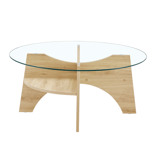 Mesa de centro redonda Ø80 cm - vidro transparente, estrutura em MDF em madeira natural
