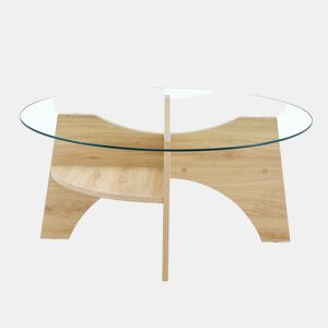 Mesa de centro redonda Ø80 cm - vidro transparente, estrutura em MDF em madeira natural