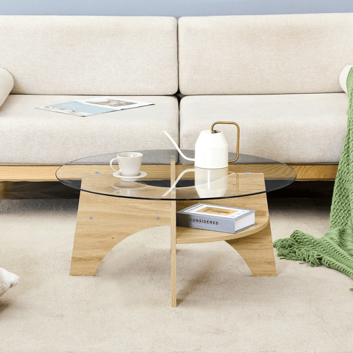 Mesa de centro redonda Ø80 cm - vidro transparente, estrutura em MDF em madeira natural