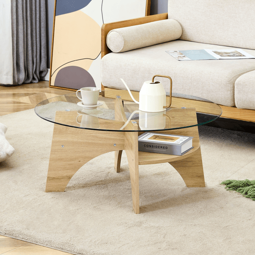 Mesa de centro redonda Ø80 cm - vidro transparente, estrutura em MDF em madeira natural