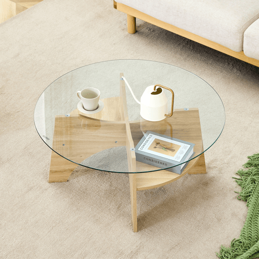 Mesa de centro redonda Ø80 cm - vidro transparente, estrutura em MDF em madeira natural