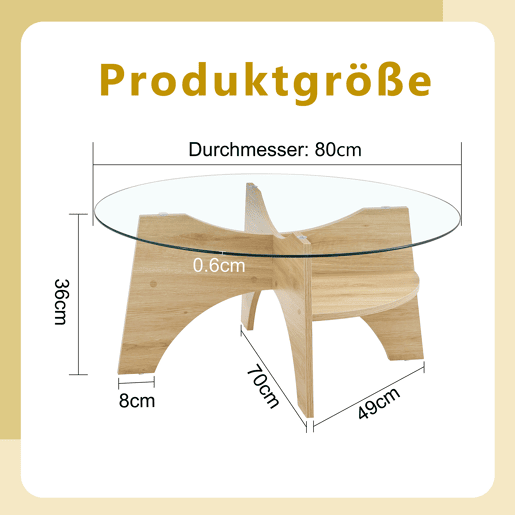 Mesa de centro redonda Ø80 cm - vidro transparente, estrutura em MDF em madeira natural