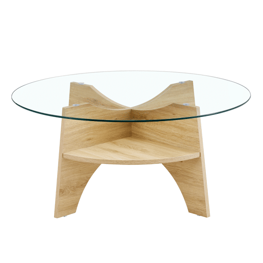 Mesa de centro redonda Ø80 cm - vidro transparente, estrutura em MDF em madeira natural