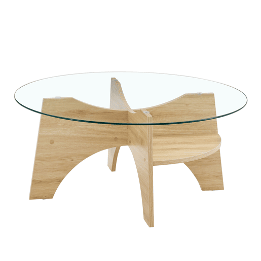Mesa de centro redonda Ø80 cm - vidro transparente, estrutura em MDF em madeira natural