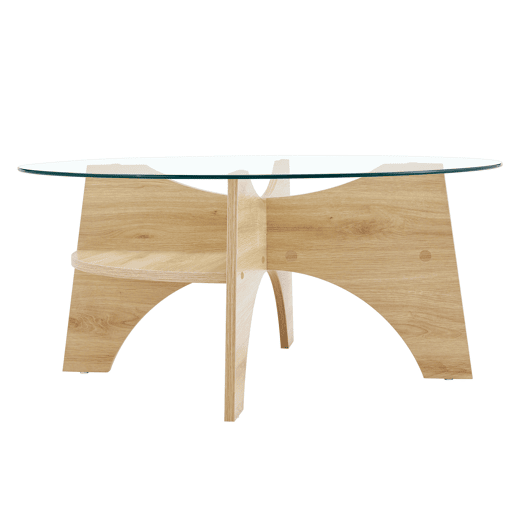 Mesa de centro redonda Ø80 cm - vidro transparente, estrutura em MDF em madeira natural