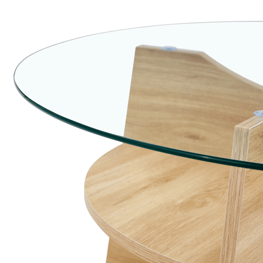 Mesa de centro redonda Ø80 cm - vidro transparente, estrutura em MDF em madeira natural