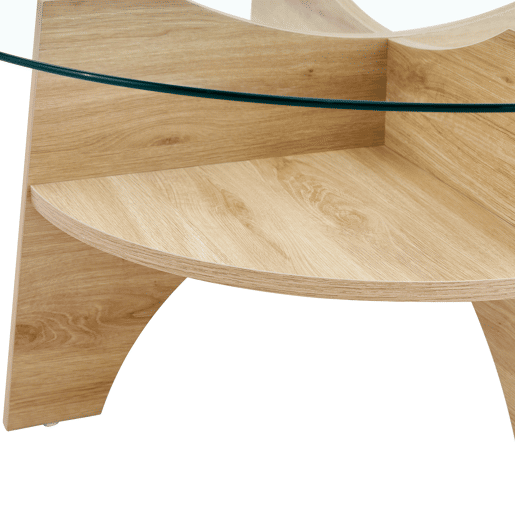 Mesa de centro redonda Ø80 cm - vidro transparente, estrutura em MDF em madeira natural