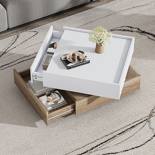 Mesa de centro quadrada com rotação de 360° - com 2 gavetas - 60x60x38 cm - Branco e Natural Mesa de centro quadrada com rotação de 360° - com 2 gavetas - 60x60x38 cm - Branco e Natural