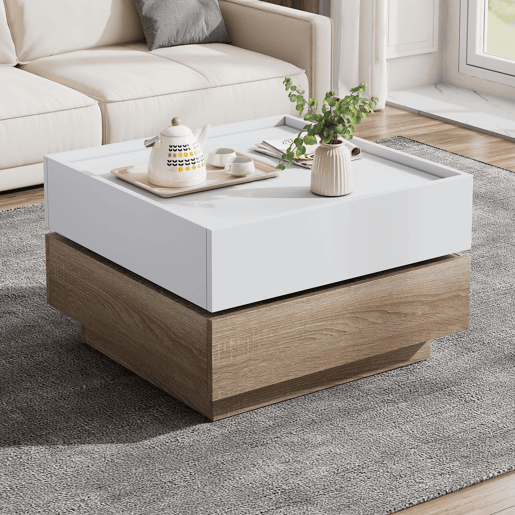 Mesa de centro quadrada com rotação de 360° - com 2 gavetas - 60x60x38 cm - Branco e Natural Mesa de centro quadrada com rotação de 360° - com 2 gavetas - 60x60x38 cm - Branco e Natural