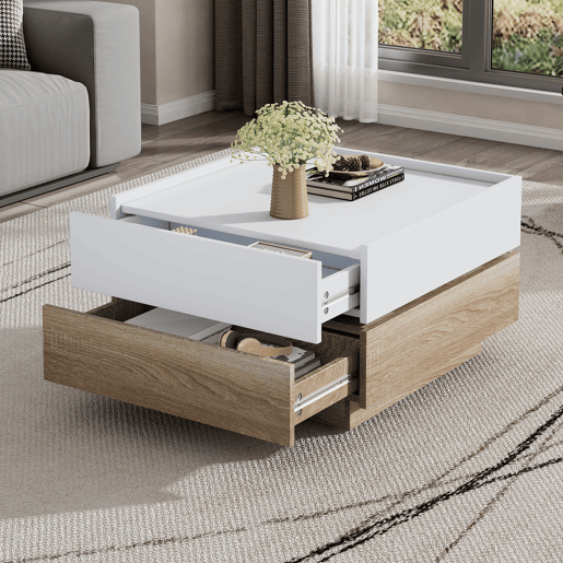 Mesa de centro quadrada com rotação de 360° - com 2 gavetas - 60x60x38 cm - Branco e Natural Mesa de centro quadrada com rotação de 360° - com 2 gavetas - 60x60x38 cm - Branco e Natural