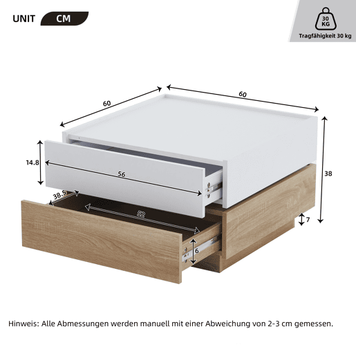 Mesa de centro quadrada com rotação de 360° - com 2 gavetas - 60x60x38 cm - Branco e Natural Mesa de centro quadrada com rotação de 360° - com 2 gavetas - 60x60x38 cm - Branco e Natural