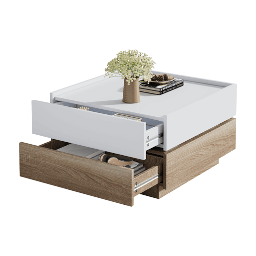 Mesa de centro quadrada com rotação de 360° - com 2 gavetas - 60x60x38 cm - Branco e Natural Mesa de centro quadrada com rotação de 360° - com 2 gavetas - 60x60x38 cm - Branco e Natural