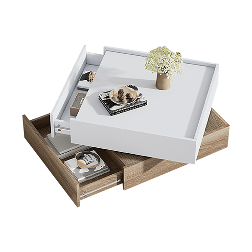 Mesa de centro quadrada com rotação de 360° - com 2 gavetas - 60x60x38 cm - Branco e Natural Mesa de centro quadrada com rotação de 360° - com 2 gavetas - 60x60x38 cm - Branco e Natural