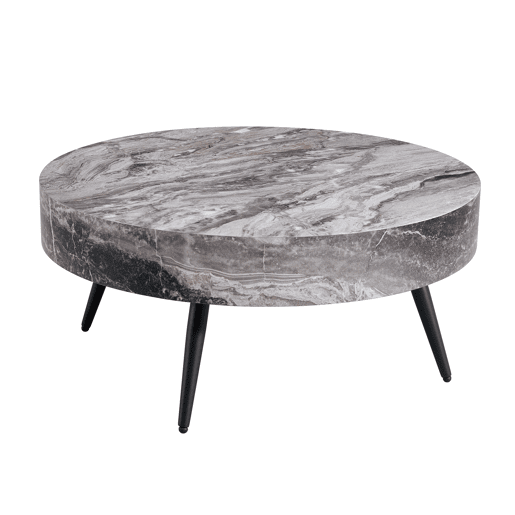 Mesa de café redonda 70 cm - design minimalista, tampo com efeito mármore cinza, pernas metálicas pretas - Cinza+Preto Mesa de café redonda 70 cm - design minimalista, tampo com efeito mármore cinza, pernas metálicas pretas - Cinza+Preto