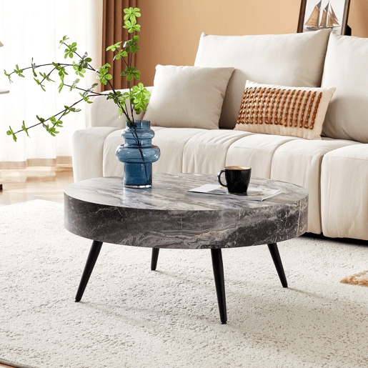 Mesa de café redonda 70 cm - design minimalista, tampo com efeito mármore cinza, pernas metálicas pretas - Cinza+Preto Mesa de café redonda 70 cm - design minimalista, tampo com efeito mármore cinza, pernas metálicas pretas - Cinza+Preto