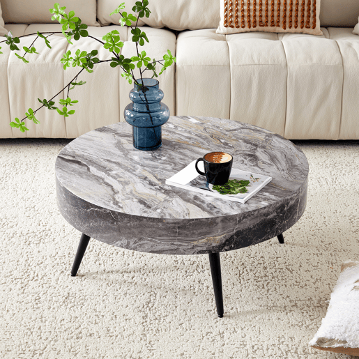 Mesa de café redonda 70 cm - design minimalista, tampo com efeito mármore cinza, pernas metálicas pretas - Cinza+Preto Mesa de café redonda 70 cm - design minimalista, tampo com efeito mármore cinza, pernas metálicas pretas - Cinza+Preto