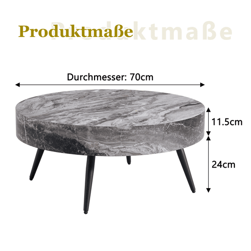 Mesa de café redonda 70 cm - design minimalista, tampo com efeito mármore cinza, pernas metálicas pretas - Cinza+Preto Mesa de café redonda 70 cm - design minimalista, tampo com efeito mármore cinza, pernas metálicas pretas - Cinza+Preto
