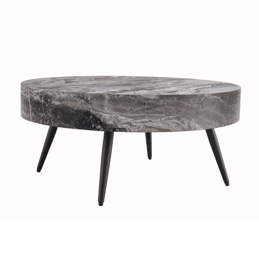Mesa de café redonda 70 cm - design minimalista, tampo com efeito mármore cinza, pernas metálicas pretas - Cinza+Preto Mesa de café redonda 70 cm - design minimalista, tampo com efeito mármore cinza, pernas metálicas pretas - Cinza+Preto