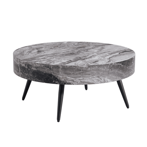 Mesa de café redonda 70 cm - design minimalista, tampo com efeito mármore cinza, pernas metálicas pretas - Cinza+Preto Mesa de café redonda 70 cm - design minimalista, tampo com efeito mármore cinza, pernas metálicas pretas - Cinza+Preto