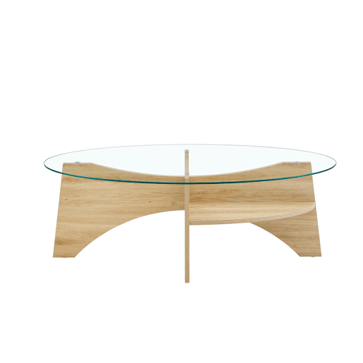 Mesa de café ovalada em vidro temperado u2013 104,9 x 60 cm - Design multifuncional, estrutura com elementos angulares e função de armazenamento integrada - Cor transparente, madeira Mesa de café ovalada em vidro temperado u2013 104,9 x 60 cm - Design multifuncional, estrutura com elementos angulares e função de armazenamento integrada - Cor transparente, madeira
