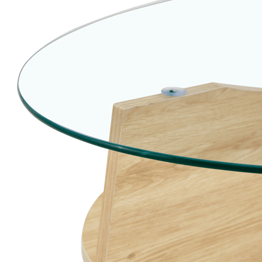 Mesa de café ovalada em vidro temperado u2013 104,9 x 60 cm - Design multifuncional, estrutura com elementos angulares e função de armazenamento integrada - Cor transparente, madeira Mesa de café ovalada em vidro temperado u2013 104,9 x 60 cm - Design multifuncional, estrutura com elementos angulares e função de armazenamento integrada - Cor transparente, madeira