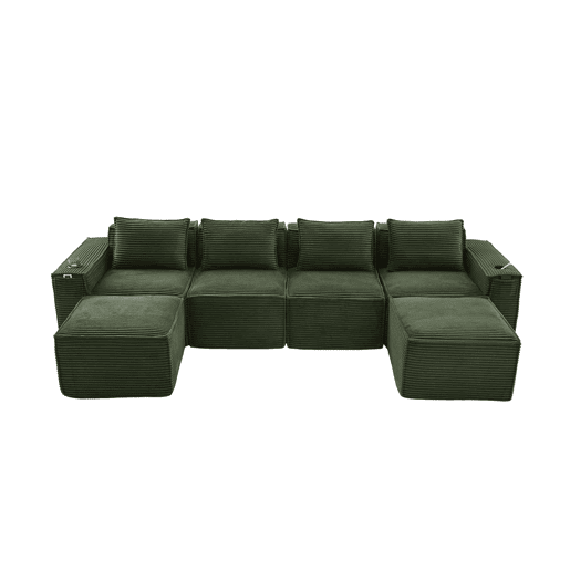 Sofá modular de 4 lugares u2013 2 banquinhos, porta-copos e bolsos laterais, molas ensacadas e espuma de alta densidade u2013 Verde Sofá modular de 4 lugares u2013 2 banquinhos, porta-copos e bolsos laterais, molas ensacadas e espuma de alta densidade u2013 Verde