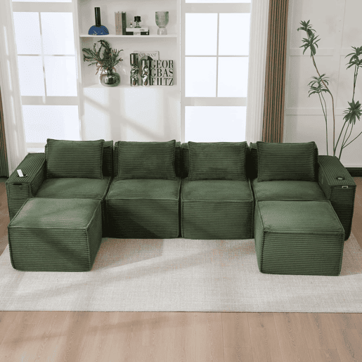 Sofá modular de 4 lugares u2013 2 banquinhos, porta-copos e bolsos laterais, molas ensacadas e espuma de alta densidade u2013 Verde