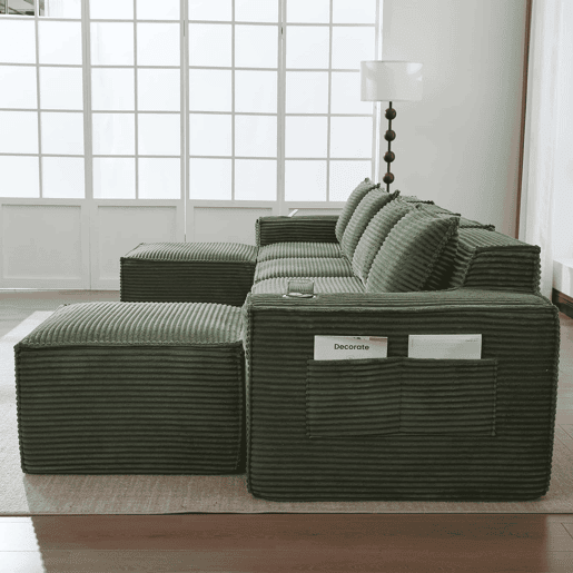 Sofá modular de 4 lugares u2013 2 banquinhos, porta-copos e bolsos laterais, molas ensacadas e espuma de alta densidade u2013 Verde