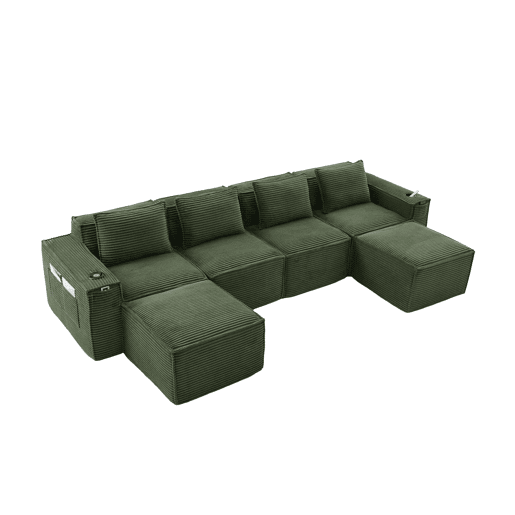 Sofá modular de 4 lugares u2013 2 banquinhos, porta-copos e bolsos laterais, molas ensacadas e espuma de alta densidade u2013 Verde Sofá modular de 4 lugares u2013 2 banquinhos, porta-copos e bolsos laterais, molas ensacadas e espuma de alta densidade u2013 Verde