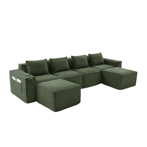 Sofá modular de 4 lugares u2013 2 banquinhos, porta-copos e bolsos laterais, molas ensacadas e espuma de alta densidade u2013 Verde