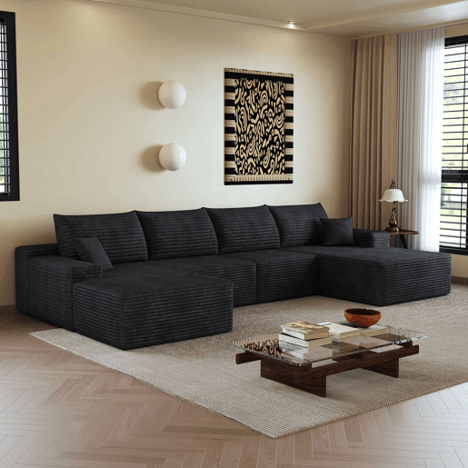 Sofá modular de canto 340 cm - chaise longue em L, assento profundo e design comprimido - preto Sofá modular de canto 340 cm - chaise longue em L, assento profundo e design comprimido - preto