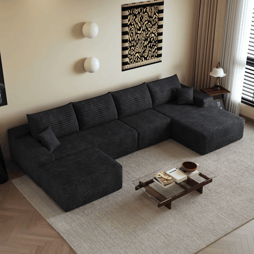 Sofá modular de canto 340 cm - chaise longue em L, assento profundo e design comprimido - preto Sofá modular de canto 340 cm - chaise longue em L, assento profundo e design comprimido - preto