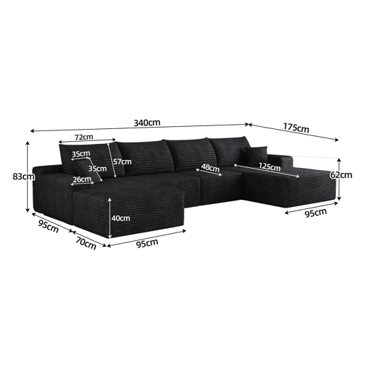 Sofá modular de canto 340 cm - chaise longue em L, assento profundo e design comprimido - preto Sofá modular de canto 340 cm - chaise longue em L, assento profundo e design comprimido - preto