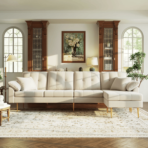 Sofá modular de 4 lugares, 250 cm u2013 veludo cotelê, pufe flexível e pés de ferro de 20 cm u2013 bege claro