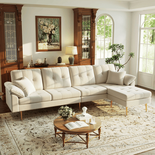Sofá modular de 4 lugares, 250 cm u2013 veludo cotelê, pufe flexível e pés de ferro de 20 cm u2013 bege claro