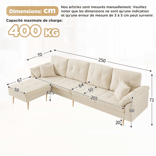 Sofá modular de 4 lugares, 250 cm u2013 veludo cotelê, pufe flexível e pés de ferro de 20 cm u2013 bege claro