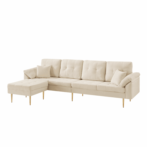 Sofá modular de 4 lugares, 250 cm u2013 veludo cotelê, pufe flexível e pés de ferro de 20 cm u2013 bege claro