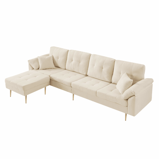 Sofá modular de 4 lugares, 250 cm u2013 veludo cotelê, pufe flexível e pés de ferro de 20 cm u2013 bege claro