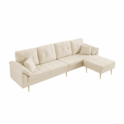 Sofá modular de 4 lugares, 250 cm u2013 veludo cotelê, pufe flexível e pés de ferro de 20 cm u2013 bege claro