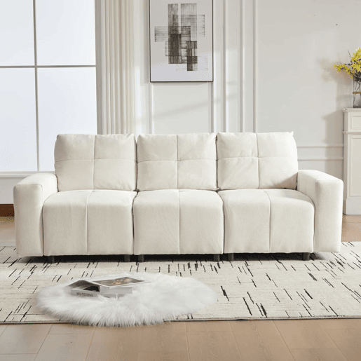 Sofá modular de 3 lugares, 213 cm u2013 assento ajustável em chenille u2013 branco bege Sofá modular de 3 lugares, 213 cm u2013 assento ajustável em chenille u2013 branco bege